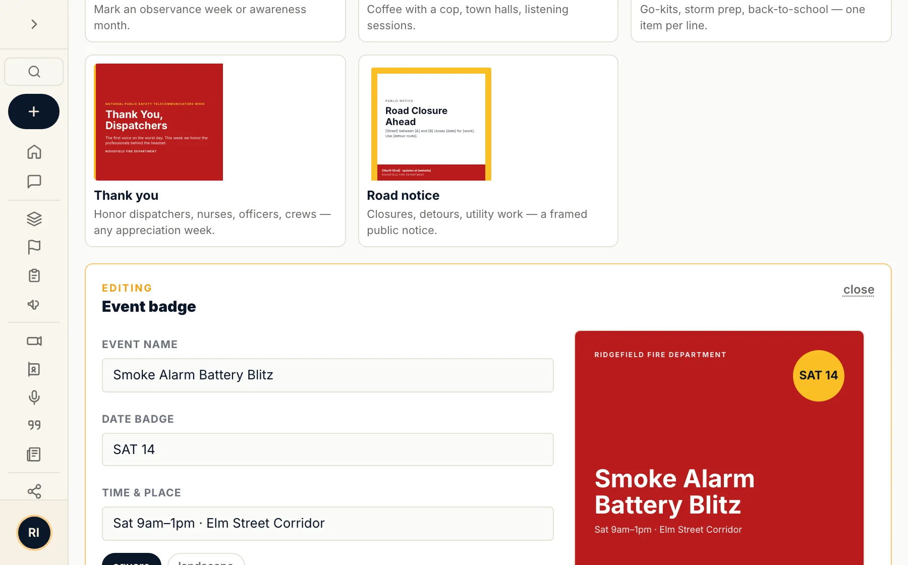 The brand graphics editor building an event badge: event name, date badge and time-and-place fields on the left, the finished red-and-amber Smoke Alarm Battery Blitz graphic previewing live on the right, under ready-made “Thank you” and “Road notice” templates.